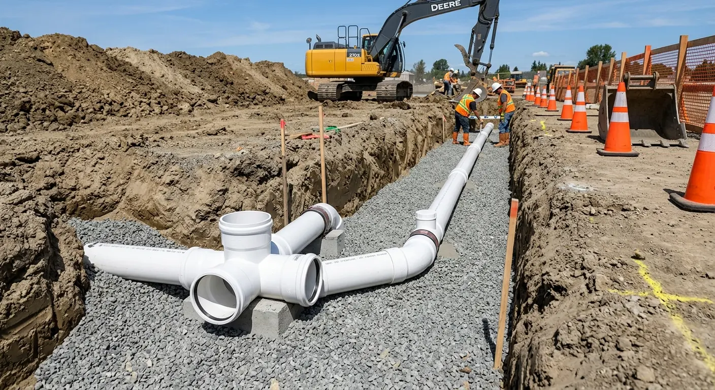 New PVC sewer pipe installation in open trench for Sewer Backup in Little Falls