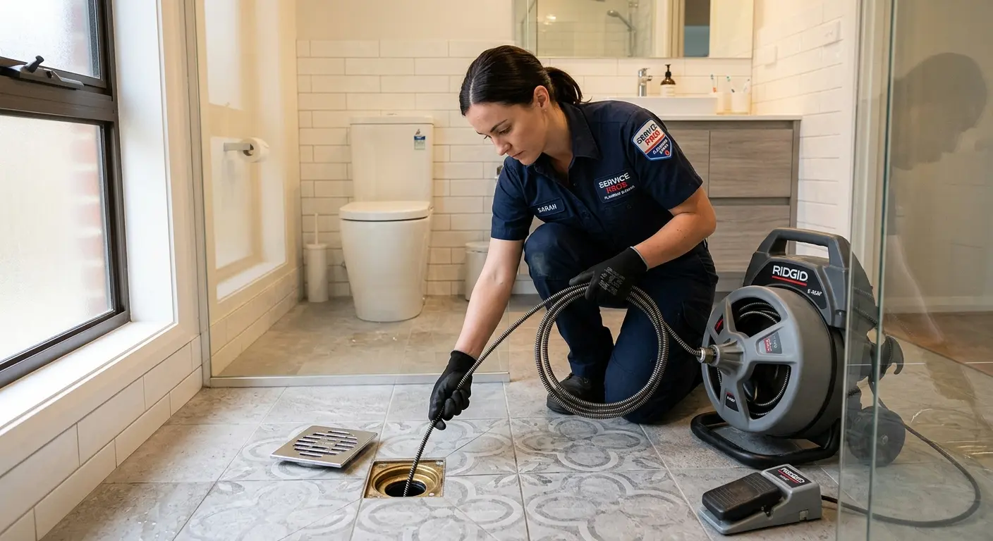 Technician clearing a bathroom floor drain for Hydro Jetting in Little Falls